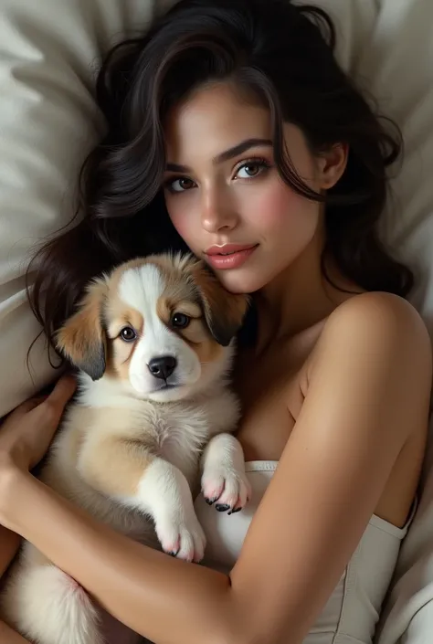 hot brunette girl with big boobs holding a cute little puppy