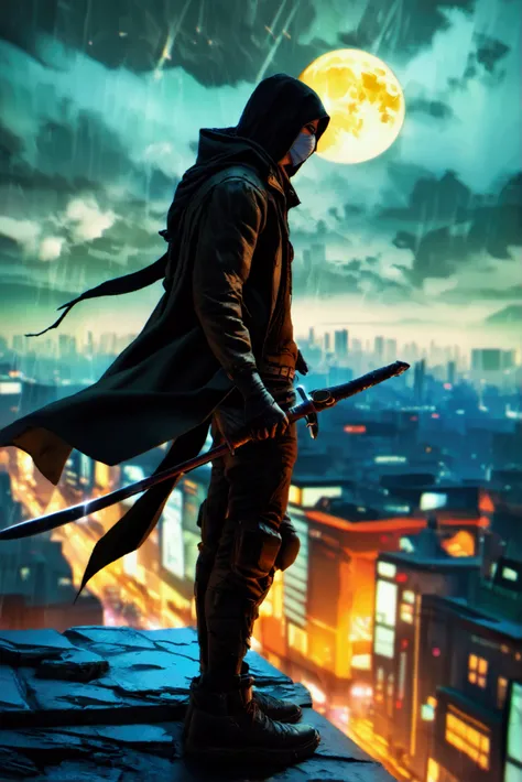 A photorealistic image of a brown haired masked assassin, holding a dagger to the throat of a terrified man, while holding him off the ledge of a building, with a city in the background and a full moon in the sky. 8k, half mask, cyberpunk, dark and edgy at...