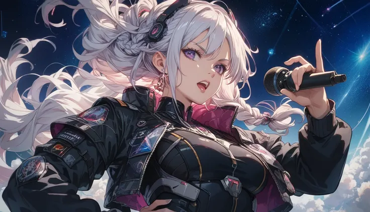 A serious anime girl with long, 
braided white hair and intense violet eyes, 
dressed in a dark silver and black suit with sharp, 
angular armor plating. Shes standing with microphone in one hand on her hip,
her other hand resting on a futuristic space at ...