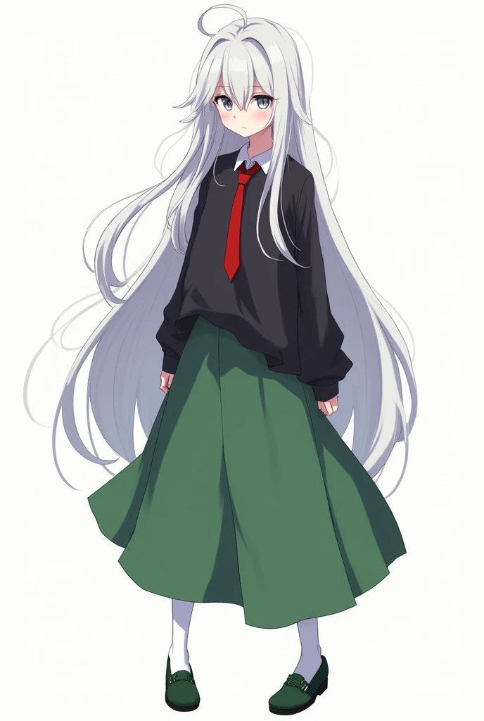 2d anime girl with long white thigh length hair with gray eyes slightly blue long black shirt with green skirt and red tie with green shoes white stockings disheveled look 