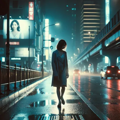 A melancholic night cityscape with a young woman walking alone on a wet asphalt street. The road reflects vibrant neon signs in blue, pink, and purple hues, creating a dreamy yet somber atmosphere. The woman, dressed in a simple coat, looks down, her expre...