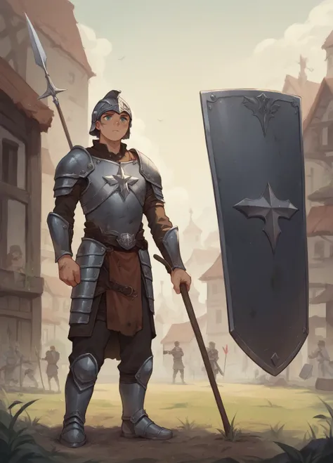 game character design, town guard, holding shield and spear, dirty armor, leather armor, young man, dirty, 
