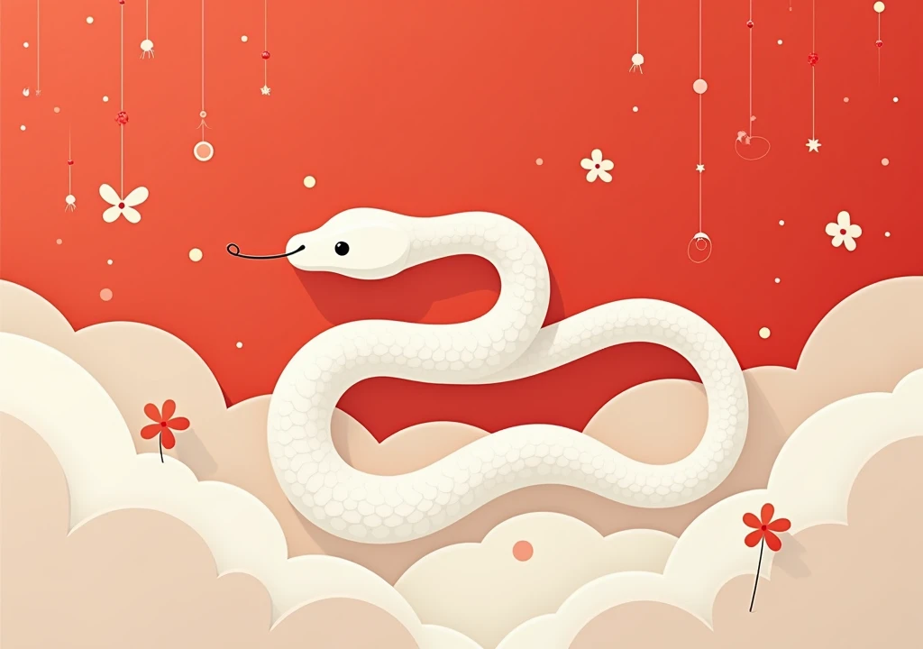 One Greeting Card design, (japan:1.5), (New Year:1.5), 1  white sacred snake, flat, (Scandinavian style:1),  red and white and one-other-color,