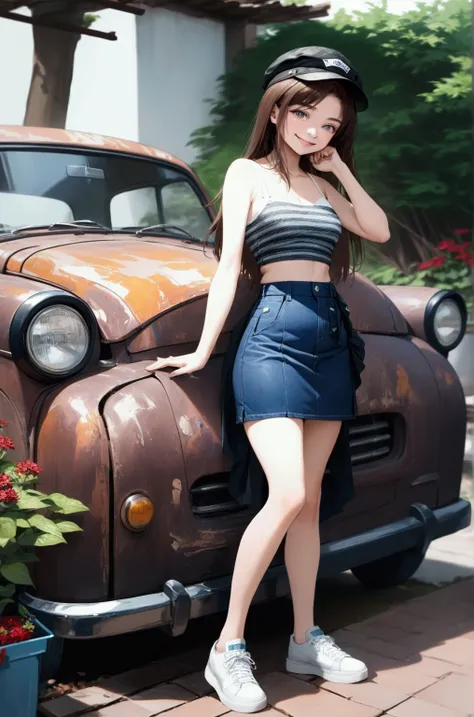 adorable teenage girl, smiling, standing posed, leaning against old car, white wall, garden beside, (+forehead, shoulder-length hair, brown hair, black cap), (gray camisole, (+white straps, black striped on camisole)), (dark navy-blue denim pencil cargo sk...