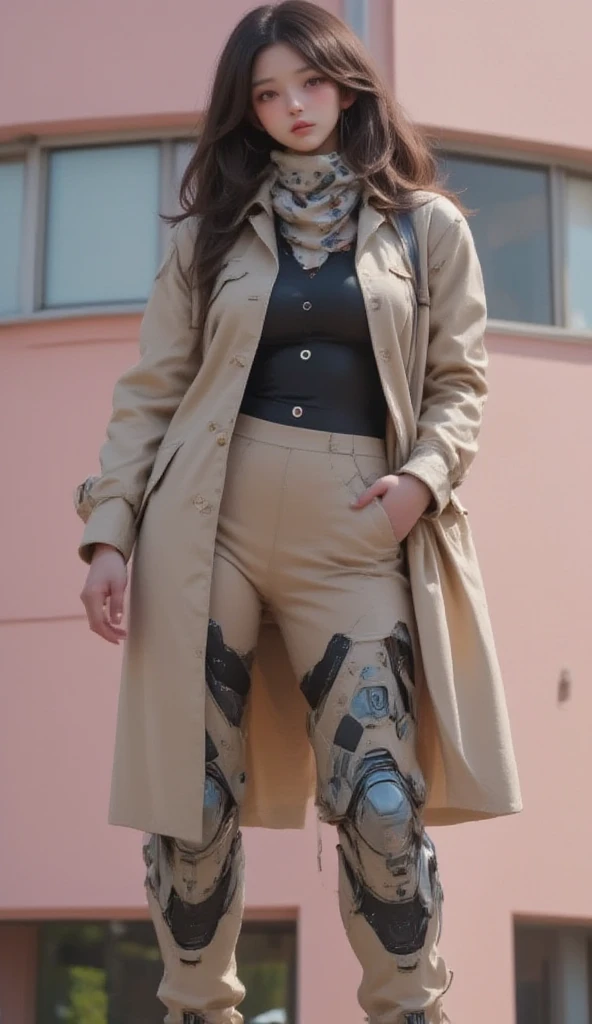  Female Robot.  and has a very well-groomed body . Im wearing a beige trench coat and scarf.  The trench coat is not buttoned , Dress shirt and skirt 、heavy weaponsを掛けています.   The building in the background is lightly painted. portrait,masterpiece, 最 High Q...