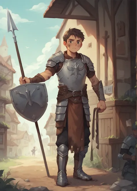 game character design, town guard, holding shield and spear, dirty, leather armor, young man,
