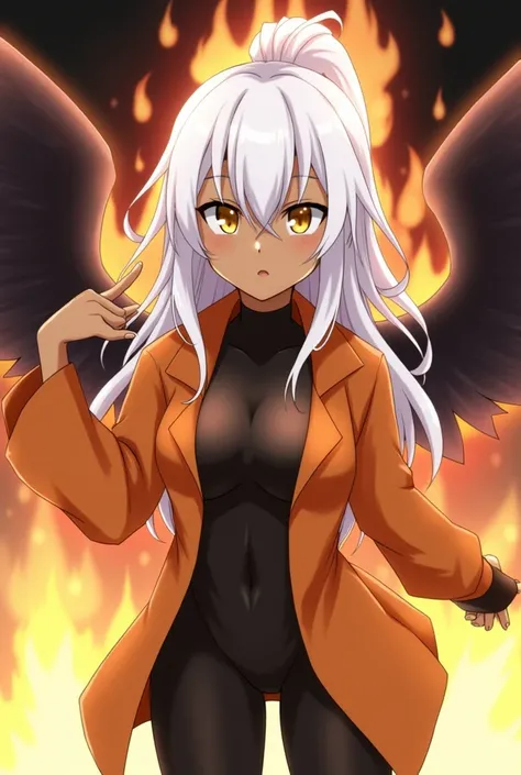 yoruichi shihouin, long hair, yellow eyes, ponytail, white hair, dark skin, dark-skinned female, bodysuit, black bodysuit, bodysuit under clothes, orange shirt, long sleeves, bodysuit, black bodysuit, bare arms, bare shoulders, wings, black wings, fire, fl...