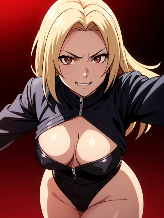 1girl, solo focus, brown eyes, grin, looking at viewer, very flirty, mature female, large breasts, Senju Tsunade, masterpiece, best quality, high quality, Female figure in black leather jacket and leotard, blonde hair flowing, dramatic pose, slightly turne...