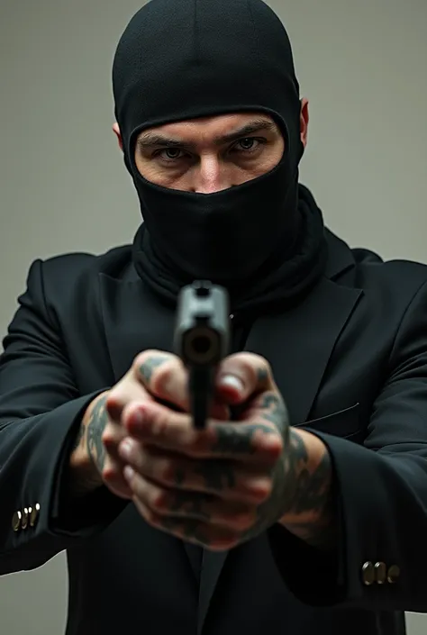 Create me a handsome young Russian wide-bodied man tattooed with a black balaclava in a black suit and a pistol in his hand 