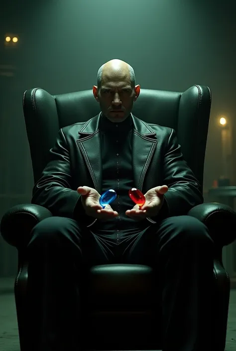 A super ultra realistic image of Morfeus from the movie Matrix ,  sitting in an armchair ,  offering with his hands two pills one red the other blue 