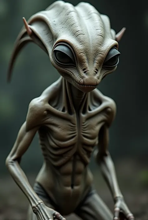 A humanoid alien with distinct features. The subject has a dull, grayish skin tone with an amphibian-like texture. The head is elongated with prominent crests and has no hair, while the eyes are small and cruel, dark and wide apart, giving it an otherworld...