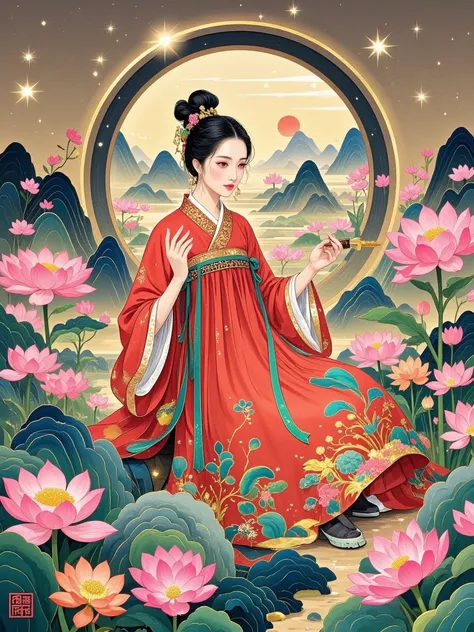  A woman in a red costume ，Sleeves fluttering。 She stands in a quaint pavilion ， The golden silk thread shines on the red coat 。 The soft light shines on the side ，The woman has a beautiful face ， deep eyesight 。 The background like a picture of the surrou...