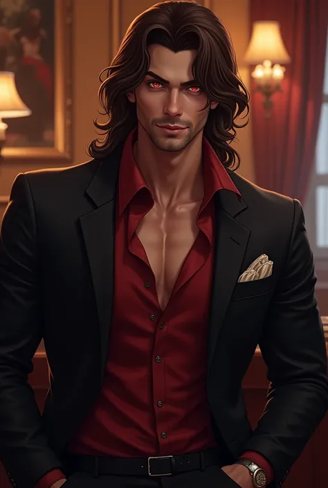  A handsome man,  muscular,  long wavy brown hair , Red Eyes, In an elegant black and red suit in an elegant bar