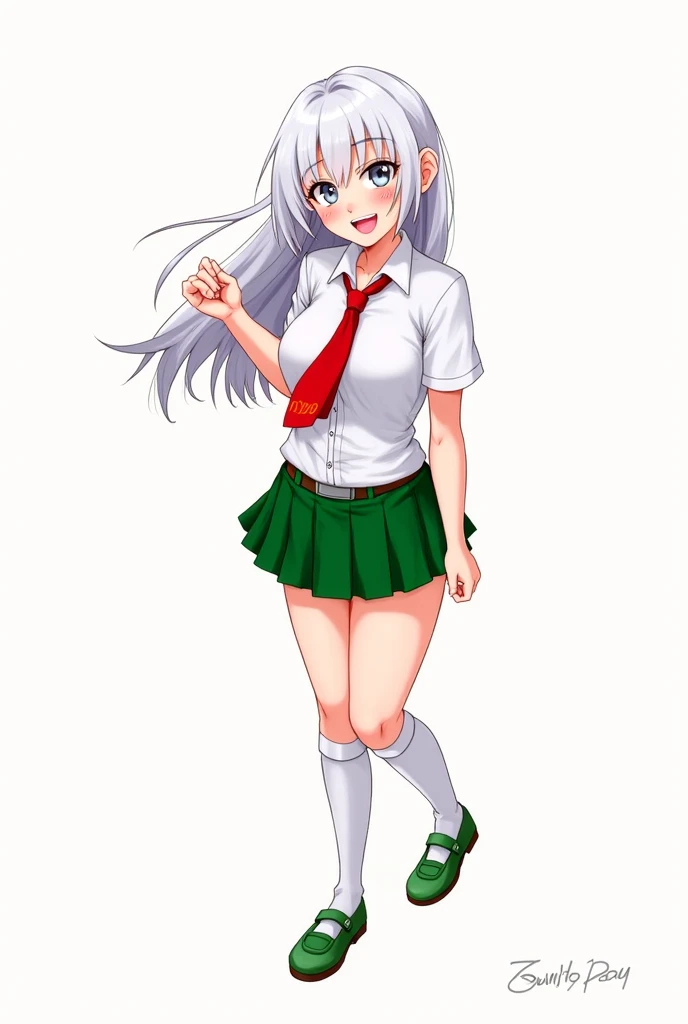 2d girl with long white hair with gray eyes slightly blue in a white shirt with a red tie and a short green skirt with white stockings and green shoes disheveled look smiles big breasts 