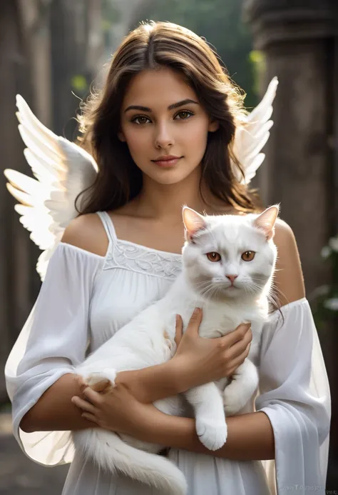 an angel holding a white cat, brunette, brown eyes