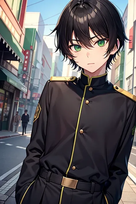 Make A Curtain cut hair High school Japanese boy,black hair With green eyes in city ,use uniform ,skinny body 