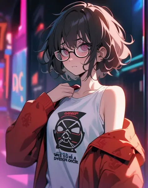 a female character,  with messy hair kind of shy  , nerd,  wearing a long sleeve t-shirt ,  casual with simple print and bare shoulders in red with the symbol ddc,Shes skinny , shes a bit nervous , Shy,She wears glasses,Shes a nerd ,Paranormal Order , cybe...