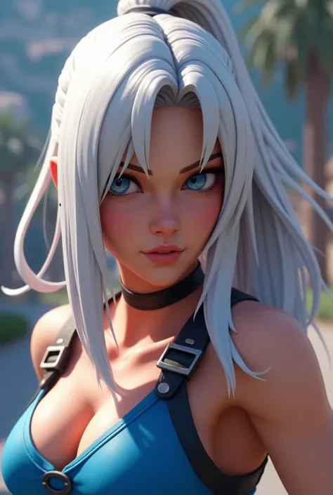 a close up of a person with a white hair and a blue top, tifa lockhart with white hair, as a character in tekken, as a fortnite character, she is dancing. realistic, valorant character, gta character, scary angry pose, vrchat, chloe price, thicc, video gam...