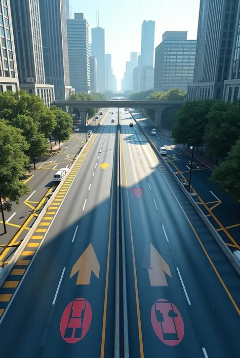 Picture of flyover surface double line with traffic symbols from top view 