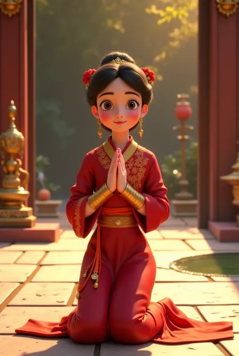 

"A beautifully animated  scene featuring a young woman kneeling on a patterned stone floor, her hands clasped in prayer. She wears a traditional red outfit adorned with intricate golden embroidery and gold jewelry on her arms. creating a serene and sacre...