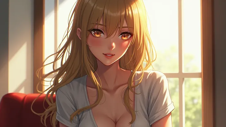 a sexy anime woman, with deep detailed face, long golden hair, wearing shirts, sitting near a window