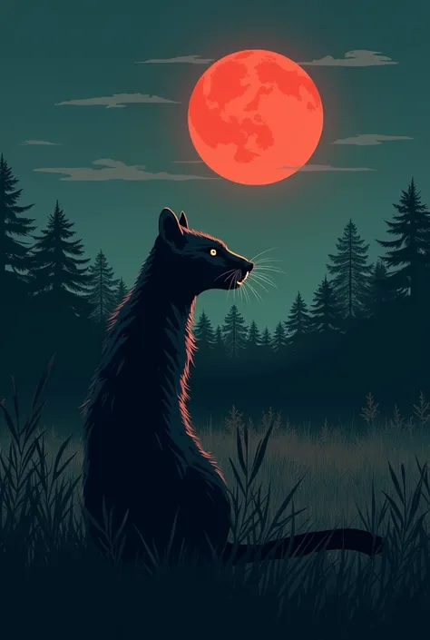  paint vector art illustration , with 2d illustration of a long-tailed civet sitting on the savannah grass with a sangar face pulling out fangs in the direction of a small red full moon above the bright sky in the night sky.  A dark green malar forest and ...