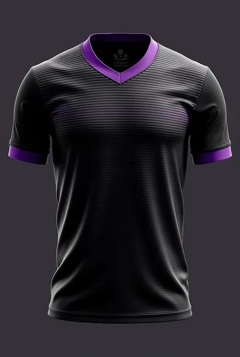  realistic photo .  Create an all-black Corinthians jersey with thin horizontal gray lines in gradient to purple. The V-neck with purple details 