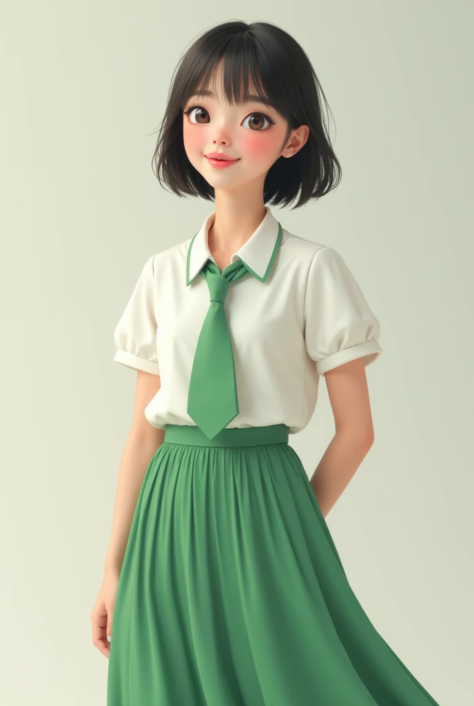 Girl wearing a blouse white and a color green tie with a medium-length skirt color green 