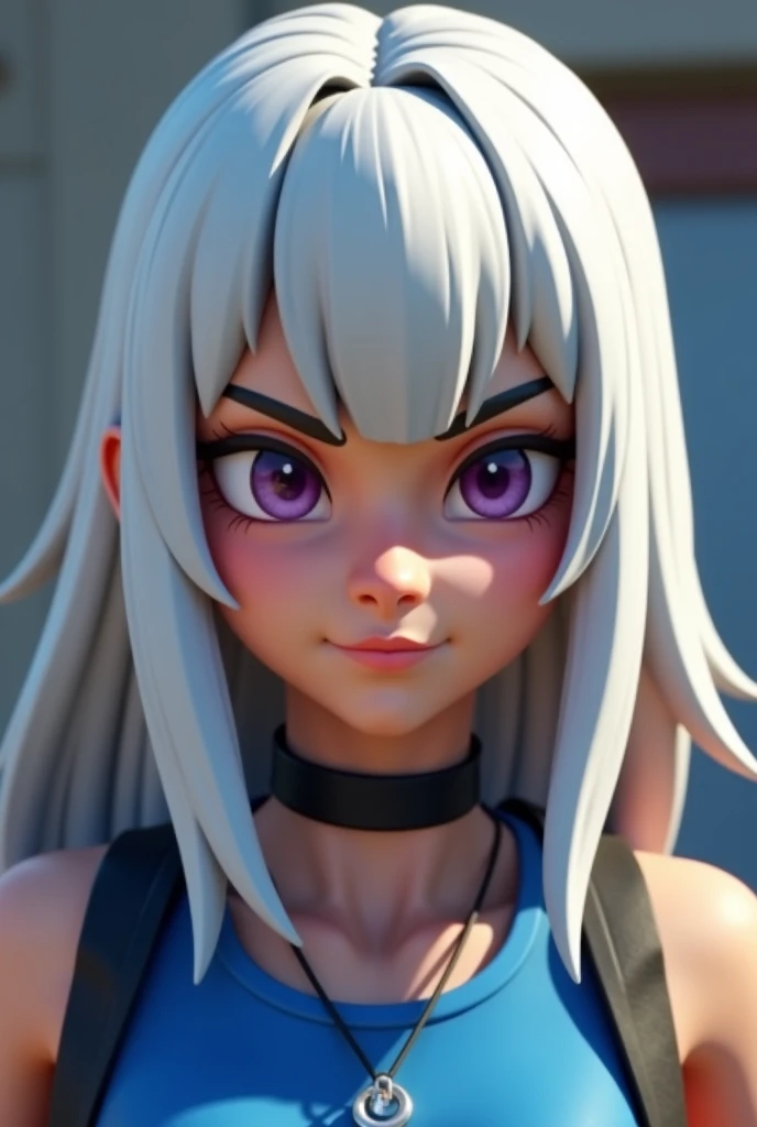 a close up of a person with a white hair and a blue top, tifa lockhart with white hair, as a character in tekken, as a fortnite character, she is dancing. realistic, valorant character, gta character, scary angry pose, vrchat, chloe price, thicc, video gam...