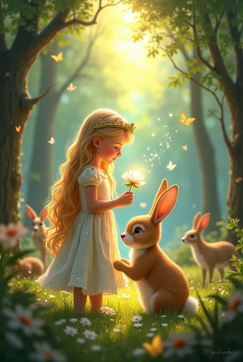  "A little princess with long golden hair wearing a sparkling dress.  The Princess and Bunny as Protectors of the Forest
"The little princess and her bunny standing in a magical forest, surrounded by animals like deer, birds, and butterflies. The princess ...