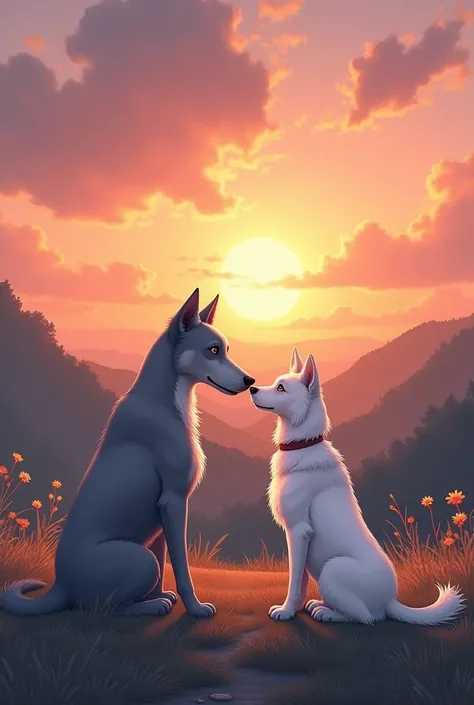 Generate an artbook of the gray dog watching the white dog with a sunset