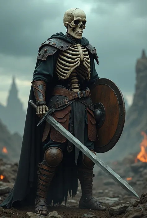 A cinematic full-body depiction of a skeleton warrior standing in an epic battle scene. The warrior is clad in rugged, weathered leather armor adorned with small metal studs and straps. The background features a dramatic, stormy sky and a battlefield litte...