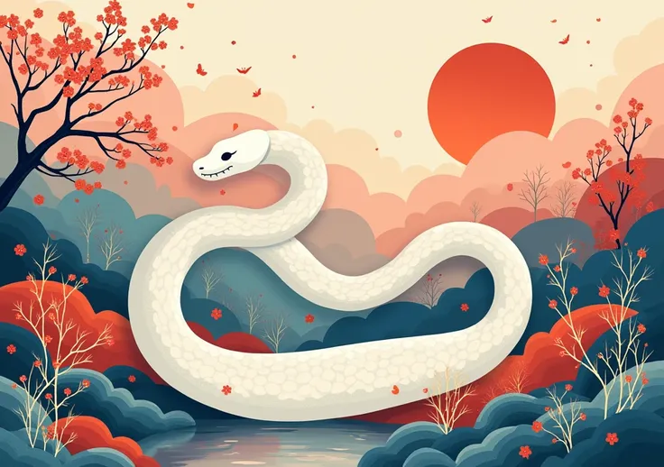 One Greeting Card design, (japan:1.5), (New Year:1.5), 1  white sacred snake, flat, (Scandinavian style:1), Multiple colors back gorund,