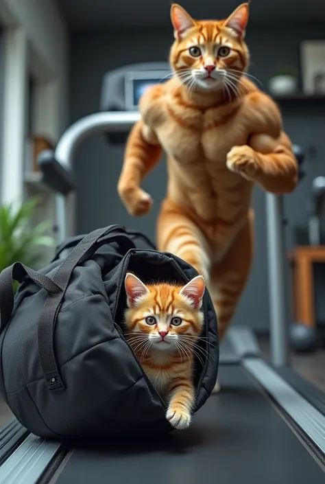 Ek playful kitten jo ek gym bag ke andar chhupne ki koshish kar rahi hai, jabki ek bodybuilder billi treadmill par workout kar raha hai