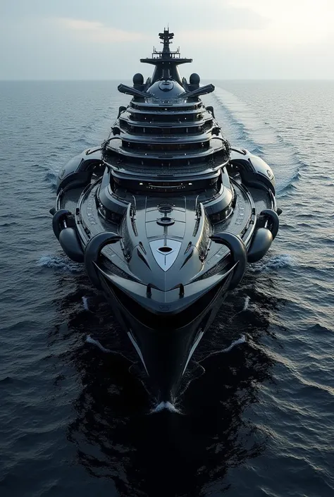 Futuristic cruise ship with Venom style structure color black. 