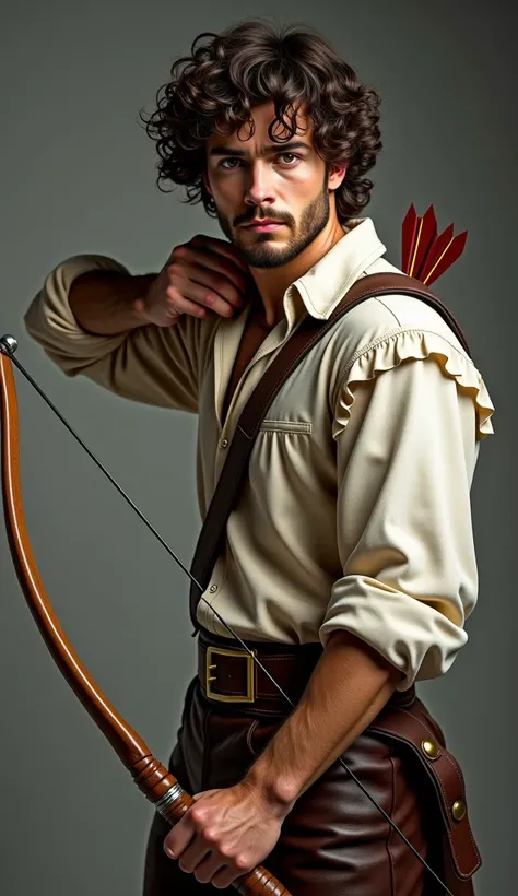 realisitic, 4K, detailded, a young adult with curly hair where the curls fall on his forehead, medieval style, brown leather pants, green silk shirt, sharp, defined eyes and a poorly groomed beard. holding his bow and arrow 