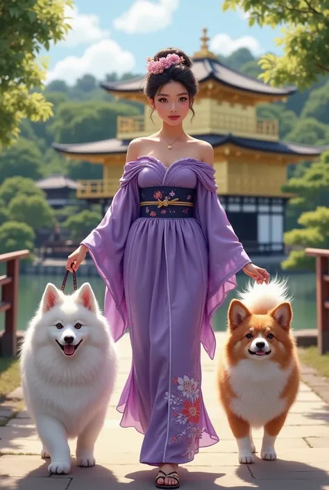 A Japanese actress walking with a cute white Samoyed dog and a cute corgi, a beautiful woman wearing a purple off-shoulder kimono and walking around Kinkakuji