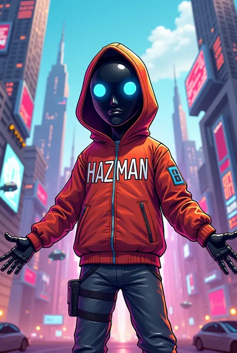 AI MAN CARTOON ,HIS HOODIE GOT HAZMAN WRITTEN ON IT