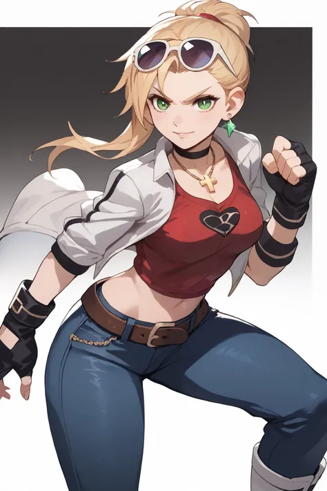 20 year old girl, long flowing blonde hair, blue sunglasses on head, cute face, green eyes, light blush, green earrings, prism necklace, black tube top with a white cross, open midriff, white biker jacket, red vest, fingerless gloves, jeans, very loose bro...