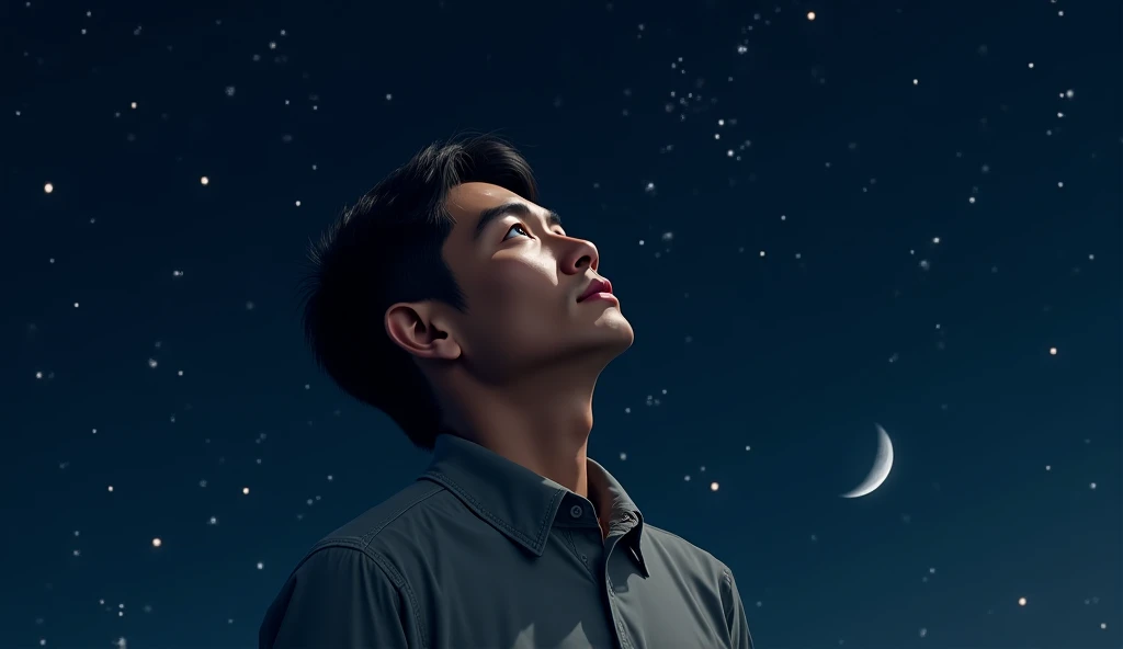 Portrait of a man about 50 years old with short hair, Asian, looking at the night sky