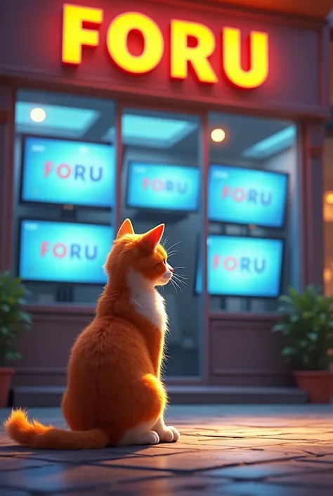 A cat in front of a TV shop with "forU" written on the TV screen.