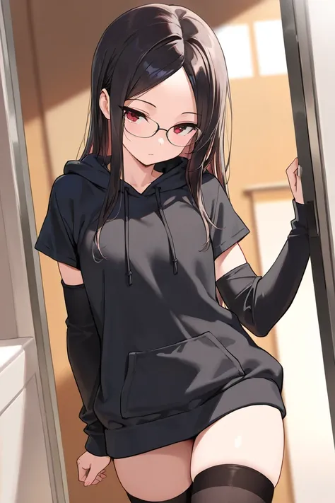 ((best quality)), ((masterpiece)), femboy, dark parted hair, cute eyes, elegant look, no bottom, long hoodie, red eyes, arm sleeves and thigh highs, glasses