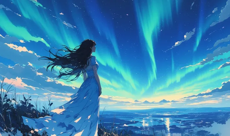 Dramatic poster of "Bangkok Love Story", with a sweet image and double exposure effect. It features a long-haired woman in a wedding dress watching the aurora in Iceland. The poster has a new print style reminiscent of 90s romantic films, [dramatic], starr...