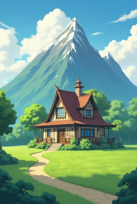 Create a simple home as a Ghibli studio-style setting in a green field close to the mountains