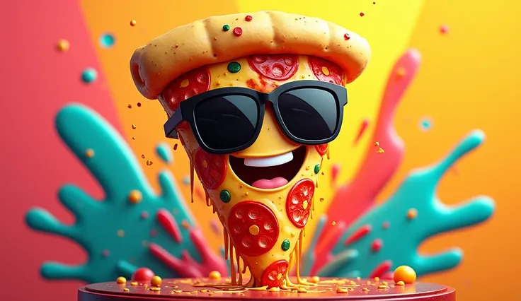 A vibrant, detailed design of a 3D pizza slice as the central focus. The pizza has a golden crust and runny melted cheese, topped with pepperoni and colorful details. He wears stylish black sunglasses and has a cheerful smile, exuding a playful and invitin...