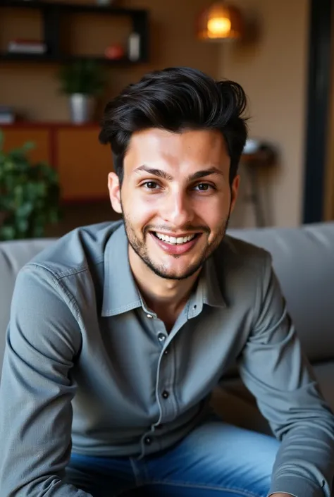 a selfie pretty young pakistani boy, 29 years old sitting on couch 