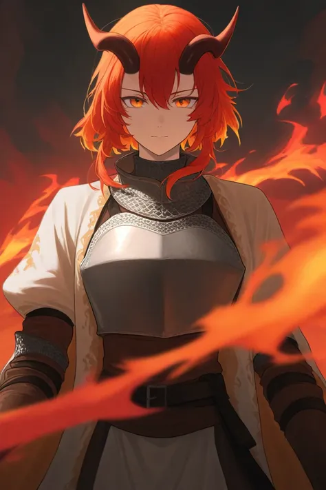 Image of half dragon and half human. With short horn very short horn. Hair is red fire color. Orange eyes. And wearing medieval clothing cover everything from neck to the hand and below.