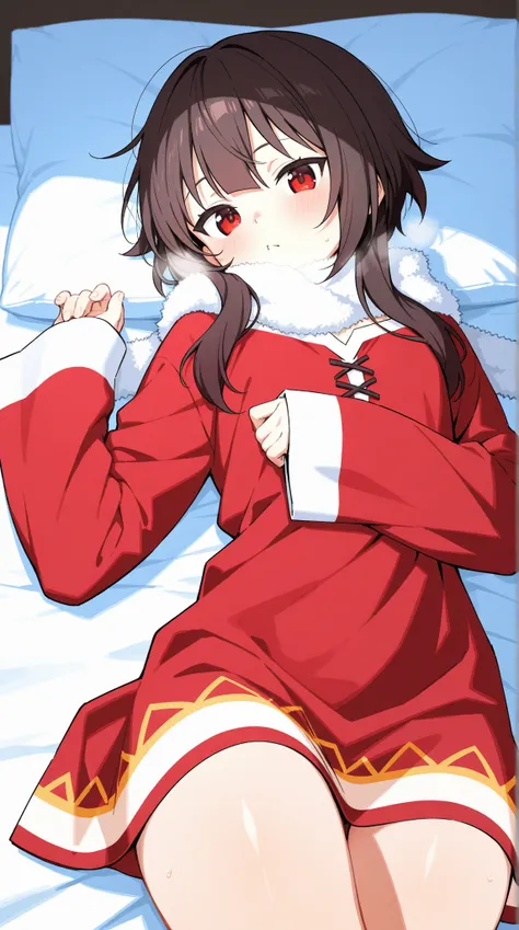 best quality, high resolution, detailed image, megumin, wearing her iconic short red dress, glistening thighs, laying in bed on a cold winter day,