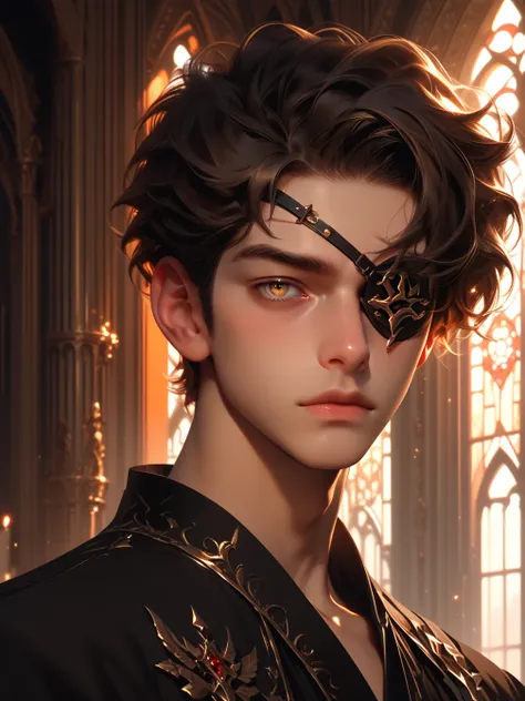 (absurdres, highres, ultra  Detailed ), 1 male,  Young man ,  tanned skin.  right eye patch, by the blue,  dramatic lighting,  Detailed ,  masterpiece, Standing in front of the castle, evening light, Red and orange sunset tones