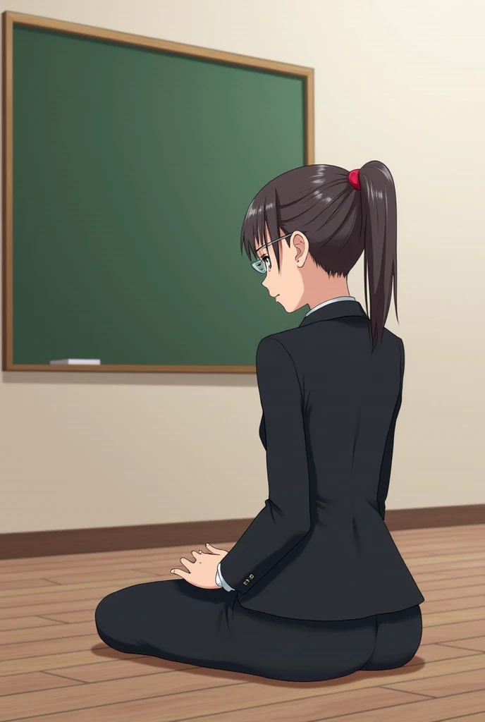 (( top quality )), ((傑 top quality 、masterpiece、High sensitivity、  high res、  detailed description  、 Description of a gentle face  )), Slender Woman、glass、 sitting on the floor 、 Wearing a suit、Facing forward and smiling、The blackboard on the back 、「 than...